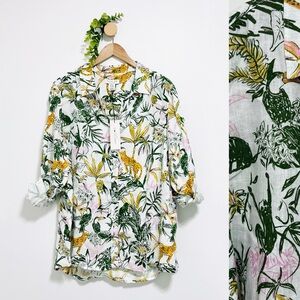 Rachel Zoe NWT 100% Linen Lagenlook Tropical Print Button Down Shirt